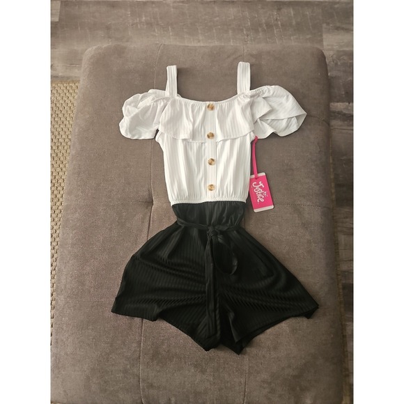 NWT Justice Girls Cold Shoulder Ruffle Rompers - Boho Tribal Print & Classic B/W - Picture 2 of 12